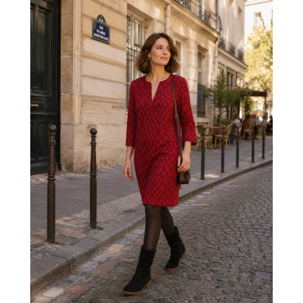 BODEN  Women's Knee Short Dress Shift US 6R Leaf Print Red 3/4 Sleeve WH990